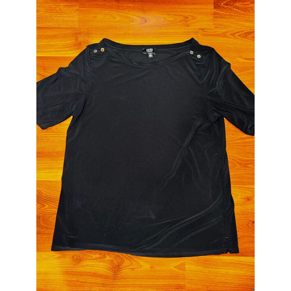 Jones New York Black Short Sleeve Blouse Top with Button Embellishments